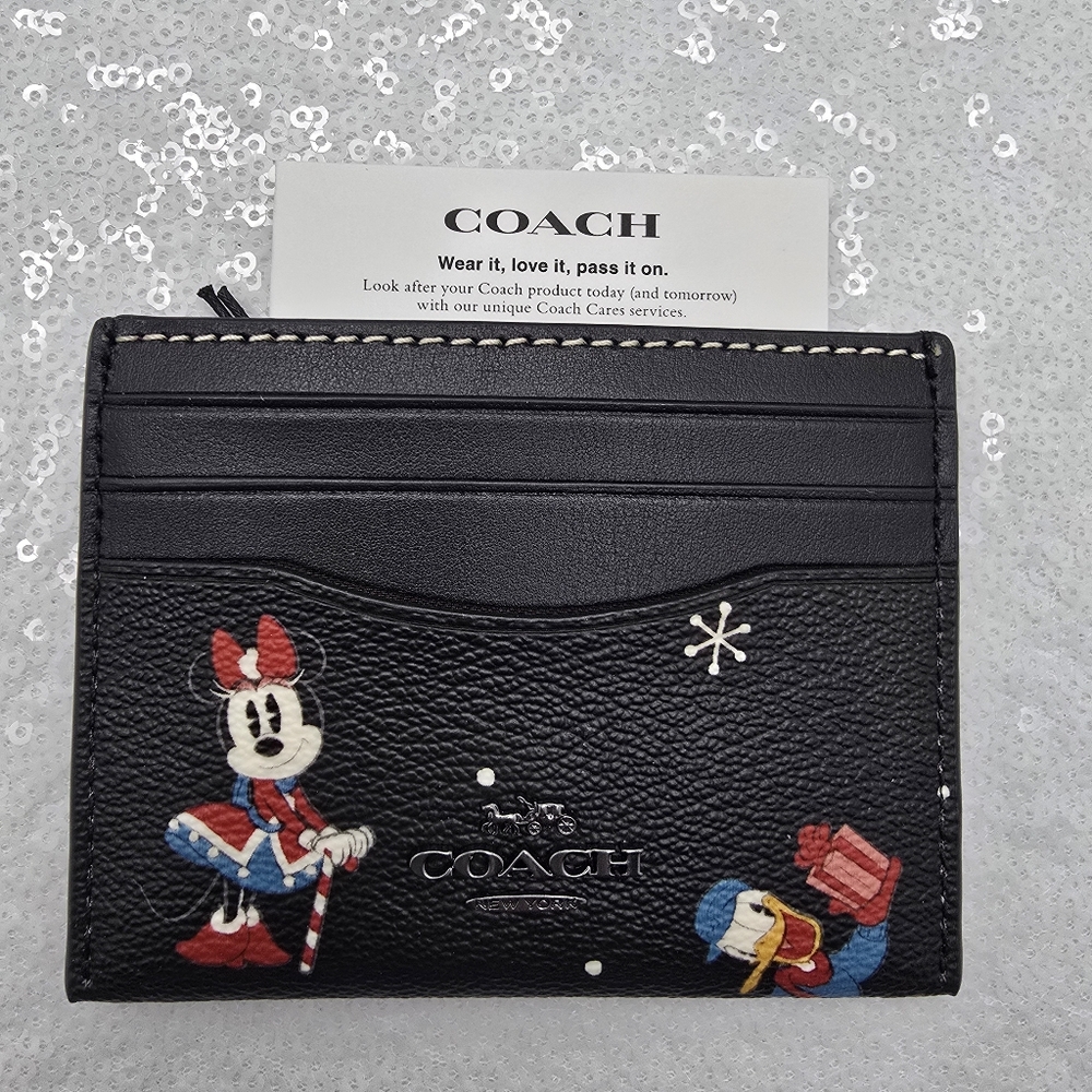 Disney x Coach Slim ID Card Case Minnie Mouse & Donald Duck with Holiday Print